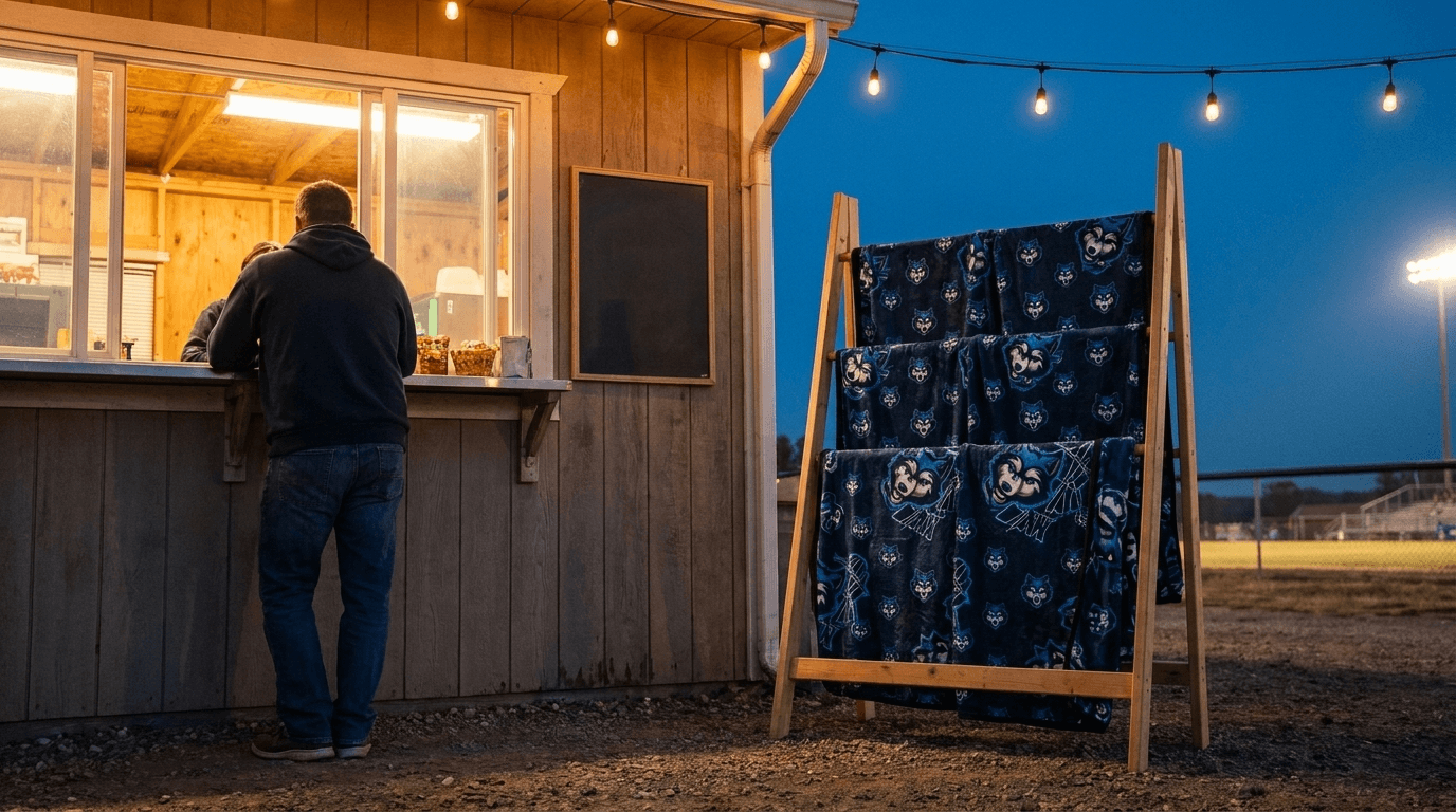Wooden display rack of navy mascot blankets standing beside the concession stand under string lights at a night game