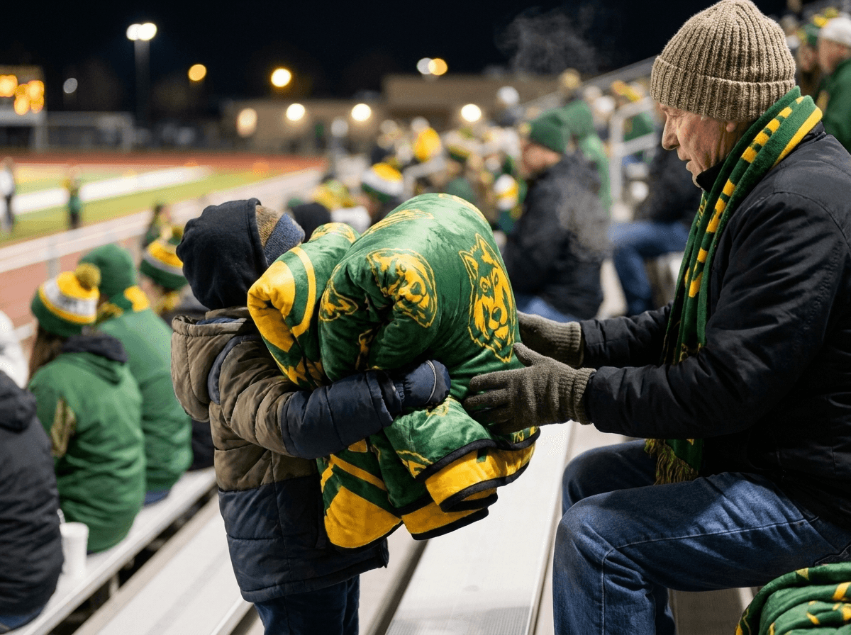 A grandfather wrapping his grandchild in a green and gold mascot blanket in the bleachers on a cold game night