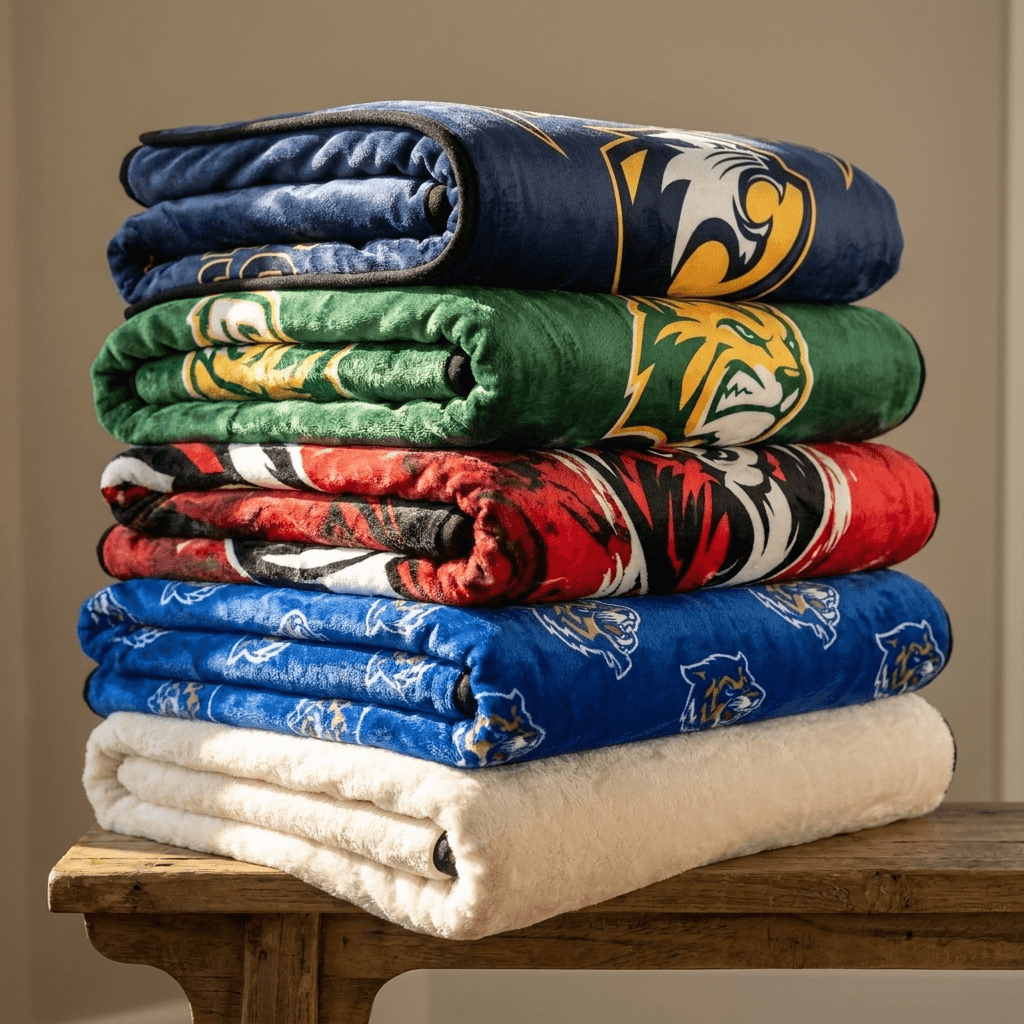Stack of folded plush mascot blankets in five different school color combinations on a wooden bench