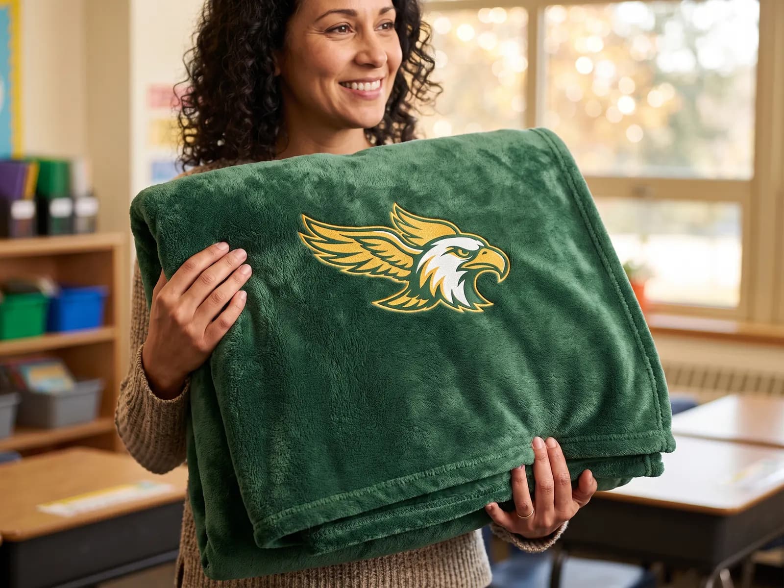 Teacher in her classroom holding her school's free custom sample: a thick plush green blanket printed with a gold eagle mascot