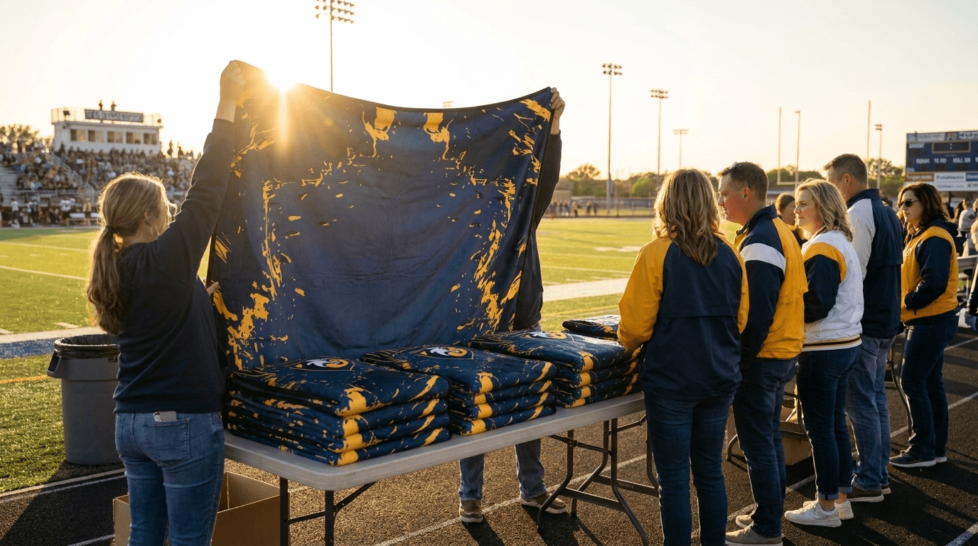 Boosters holding a navy and gold mascot blanket open above a folded stack at a sunset presale table beside the football field