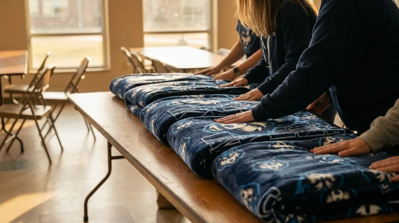 Booster volunteers fanning freshly delivered navy mascot blankets across a long folding table in the school commons
