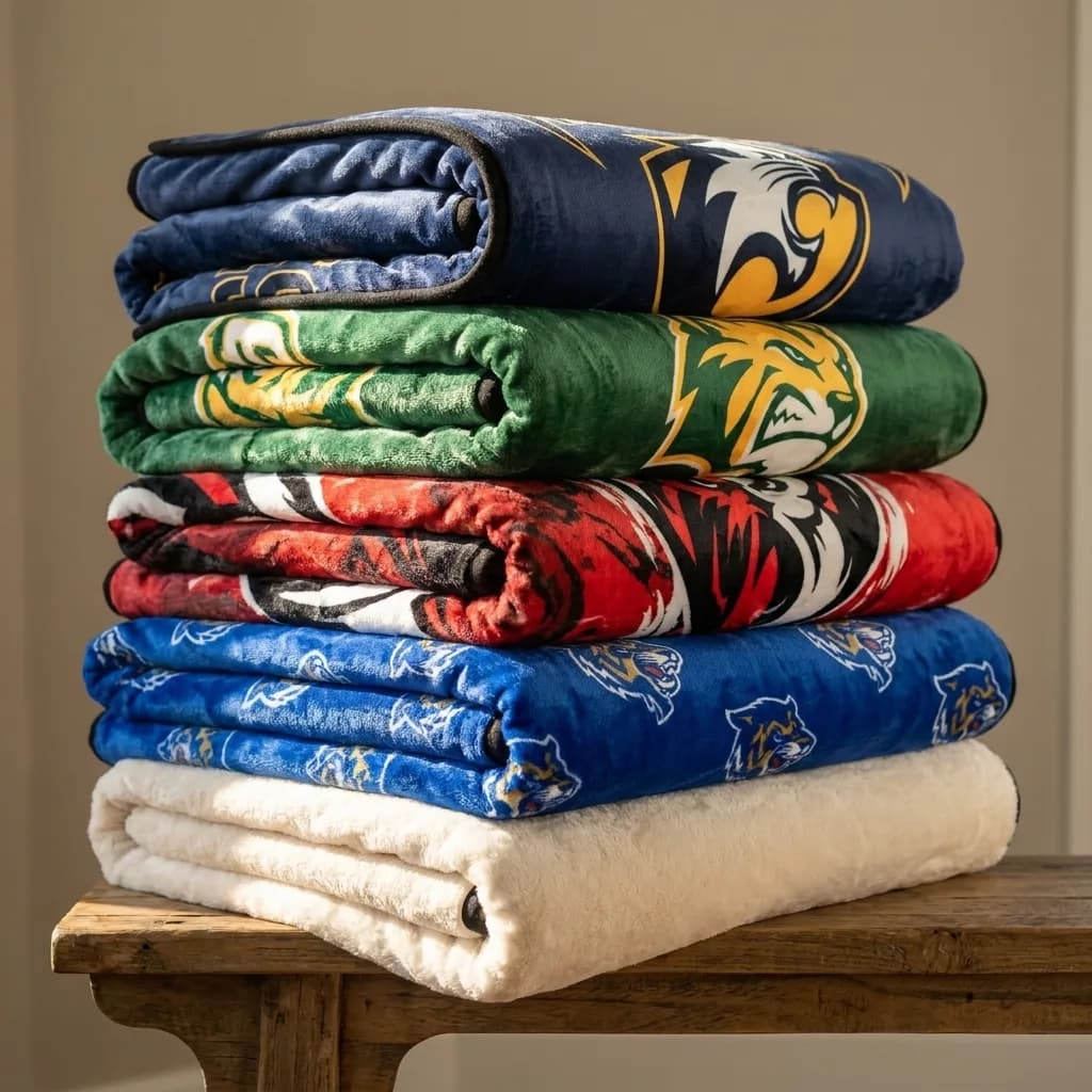 Stack of folded plush NubaySoft mascot blankets in five different school color combinations on a wooden bench