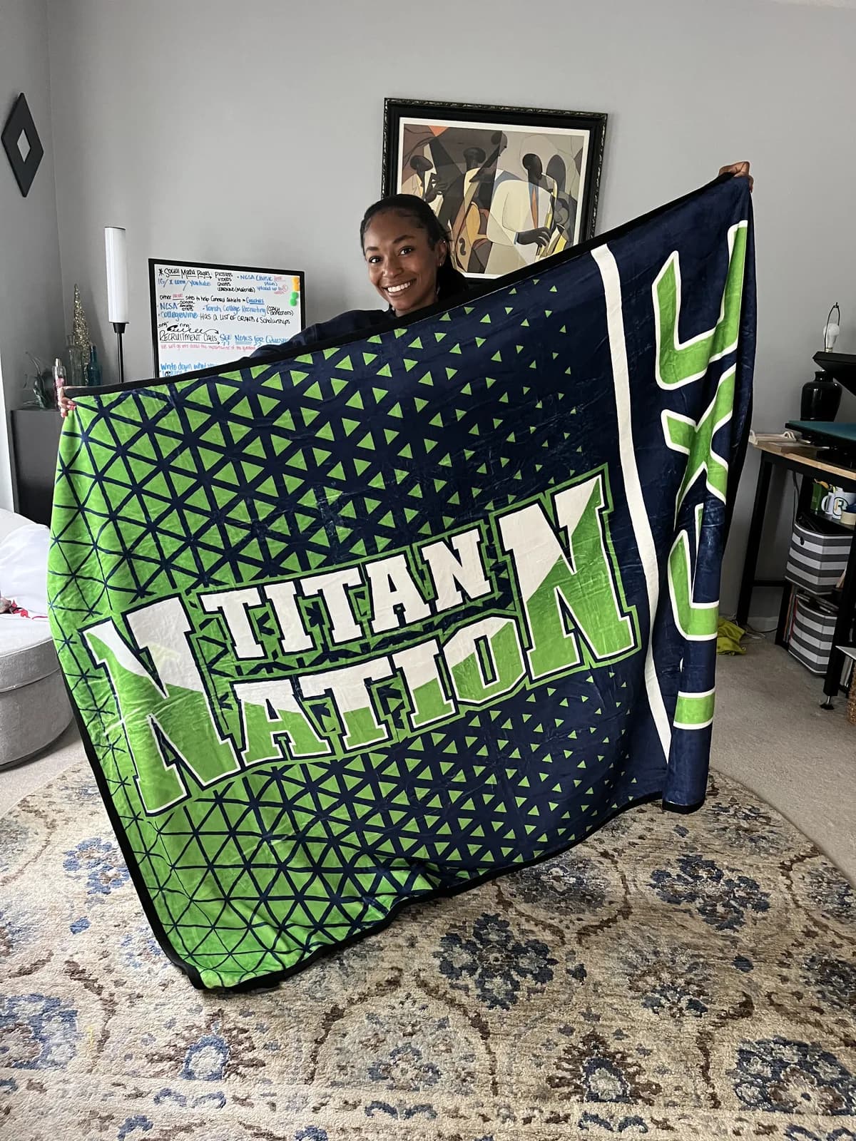 A real Fundraiser Blanket sample laid out, full-color sublimated print
